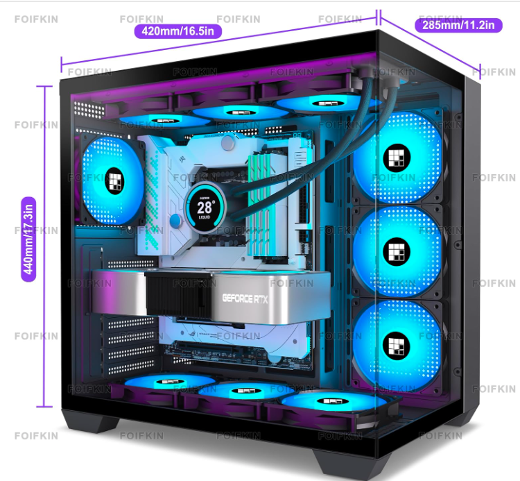 FOIFKIN F600 PC Case - Pre-Installed 7 PWM ARGB Fan, ATX Mid-Tower Gaming PC Case, 270° Panoramic Glass with Type-C, FOIFKIN (Black, F600)