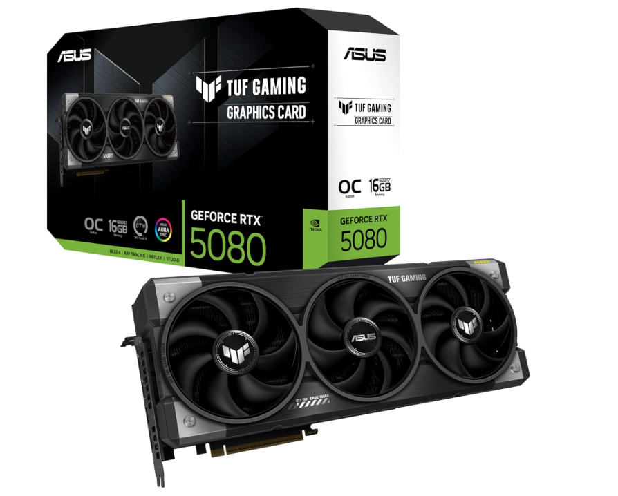 ASUS TUF Gaming GeForce RTX ™ 5080 16GB GDDR7 OC Edition Gaming Graphics Card (PCIe® 5.0, HDMI®/DP 2.1, 3.6-Slot, Military-Grade Components, Protective PCB Coating, axial-tech Fans, Vapor Chamber)