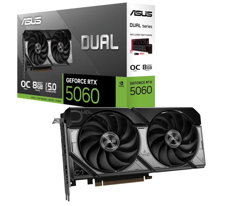 Click to see full view ASUS Dual GeForce RTX™ 5060 8GB GDDR7 OC Edition (PCIe 5.0, 8GB GDDR7, DLSS 4, HDMI 2.1b, DisplayPort 2.1b, 2.5-Slot Design, Axial-tech Fan Design, 0dB Technology, and More)