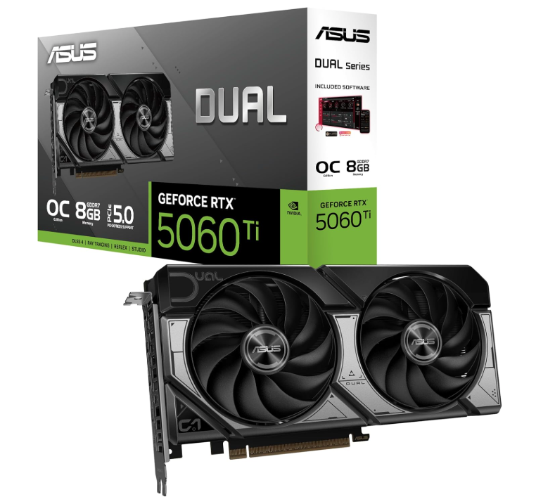 ASUS Dual GeForce RTX™ 5060 Ti 8GB GDDR7 OC Edition (PCIe 5.0, 8GB GDDR7, DLSS 4, HDMI 2.1b, DisplayPort 2.1b, 2.5-Slot Design, Axial-tech Fan Design, 0dB Technology, and More)