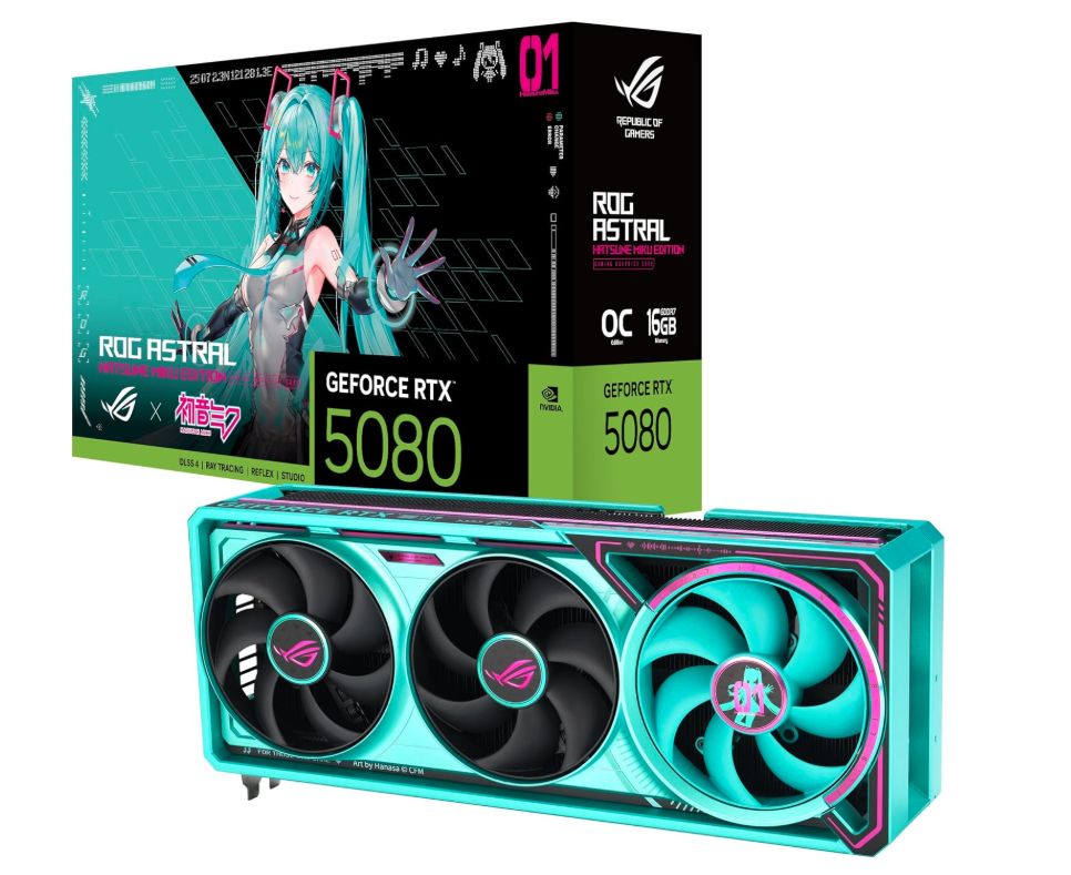 ASUS ROG Astral GeForce RTX 5080 16GB GDDR7 OC Hatsune Miku Edition (PCIe 5.0, 16GB GDDR7, HDMI®/DP 2.1, 3.8-Slot, 4-Fan Design, Axial-tech Fans, Patented Vapor Chamber, Phase-Change GPU Thermal pad)