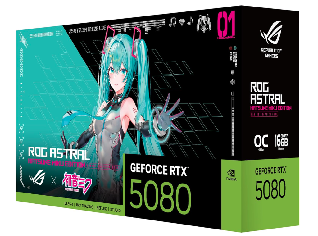 ASUS ROG Astral GeForce RTX 5080 16GB GDDR7 OC Hatsune Miku Edition (PCIe 5.0, 16GB GDDR7, HDMI®/DP 2.1, 3.8-Slot, 4-Fan Design, Axial-tech Fans, Patented Vapor Chamber, Phase-Change GPU Thermal pad)